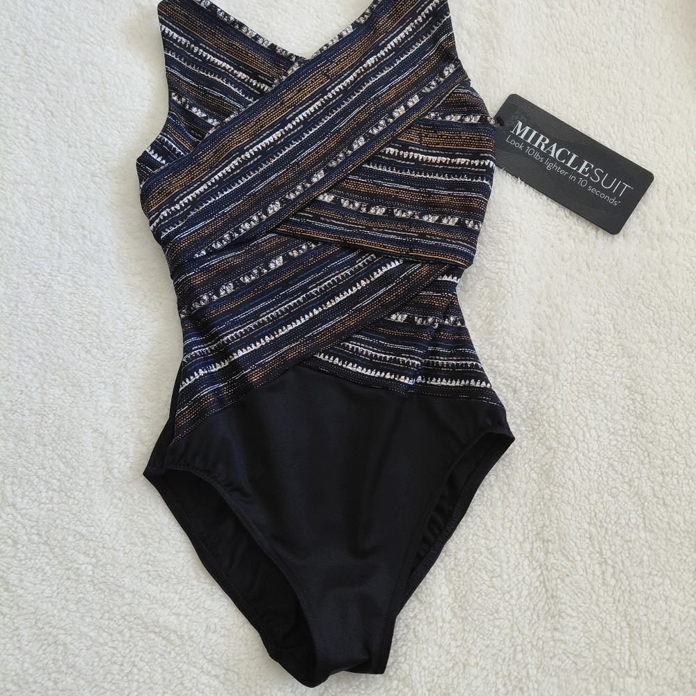 Miraclesuit Slimming One Piece Size 8 Black Multi Criss Cross Tummy Control Flat - Picture 5 of 8